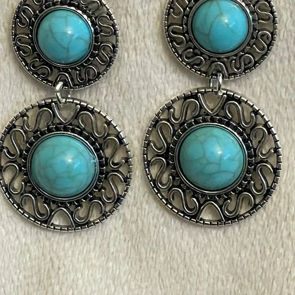 NEW Silver Plated Turquoise Earrings Triple Circles Geometric Western Boho